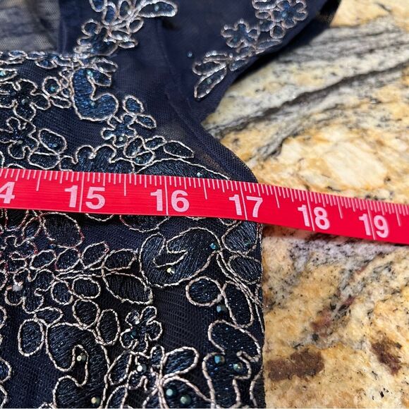 XSCAPE‎ Blue Sheer Cap Sleeve Floral Dress Gown 10 Tiered Ruffles Wedding Prom - Picture 13 of 16